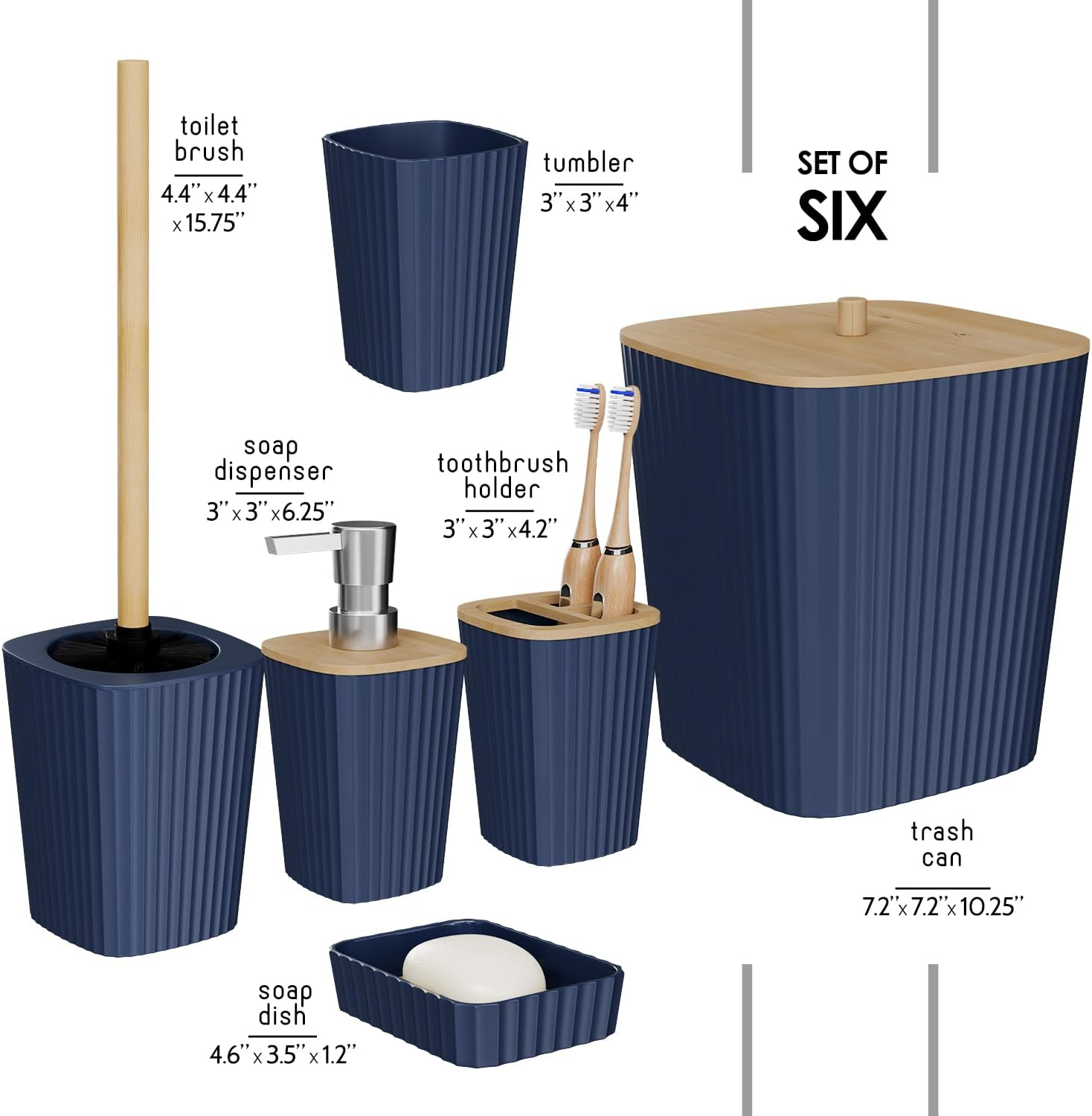 Clara Clark Bathroom Set - Navy Blue Bathroom Accessories Set, 6PC Bathroom Accessory Set, Bathroom Sets with Toilet Brush, Trash Can & Soap Dispenser