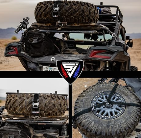 Y Strap for Spare Tire - Heavy Duty Spare Tire Strap for UTV, Offroad Accessories & Roof Rack, 3 Way Ratchet Strap Tie Down- 1.6" Wide, Can Secure Up to 40" Tire by Straight Jacket Crew (Black)