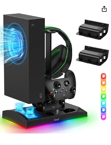 Upgraded RGB Cooling Fan Charging Station for Xbox Series S Console& Controller,Dual Charger Dock Cooler System Stand with 15 Colorful Light Modes Accessories with 2*1400mAH Rechargeable Battery,Black