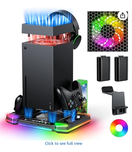 Top Auto Cooling Fan & Charge Stand for Xbox Series X Console with 11 Light Modes, Accessories Controller Wireless Charger Dock, 2*1400mAh Rechargeable Batteries, Headset Stand & Game Disc Storage