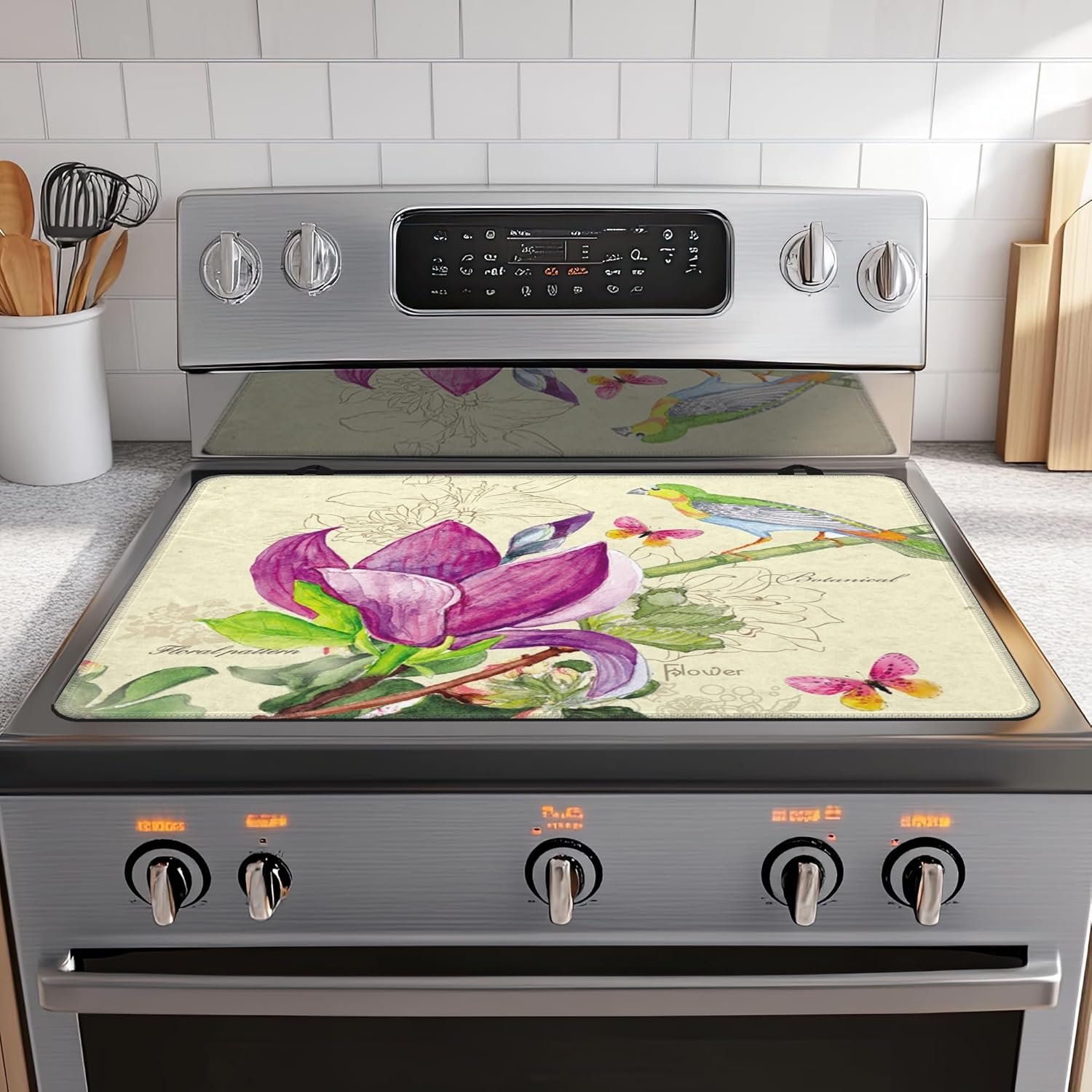 Electric Stove Top Cover for Glass & Smooth Tops - 28.5'' x 20.5'' Non-Slip Stove Protector with Summer Bird Design, Scratch Proof Kitchen Counter Cover