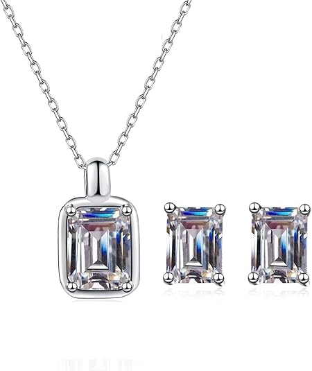 14K Gold 1/2 Carat Diamond Necklace & Stud Earrings Set, Emerald Cut Design Two-Piece Jewelry Set, Great for Mother's Day Gifts